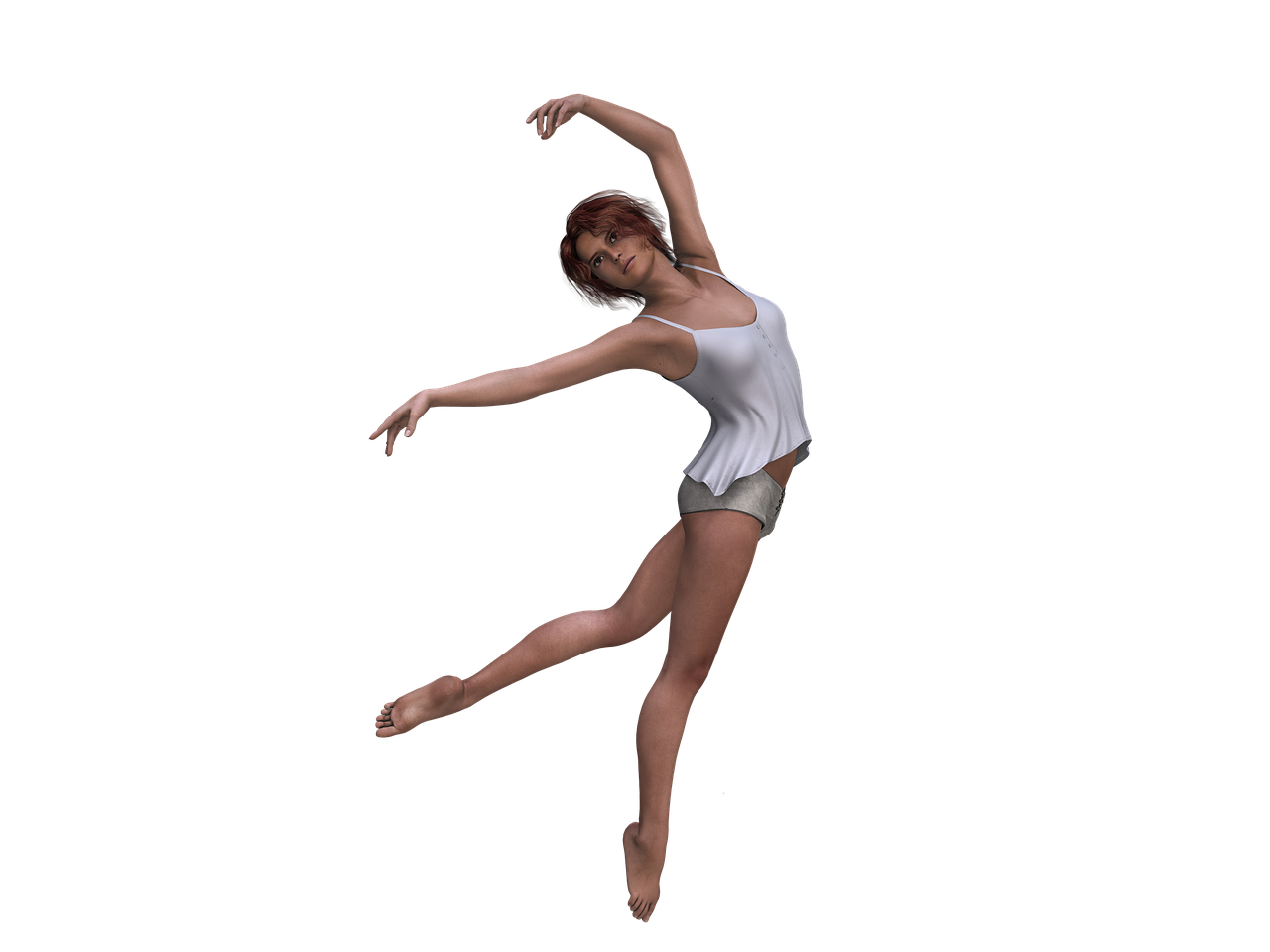 a woman with short brunette hair is shown in a pose on a black background. she is wearing a white tank top and short shorts. she is barefoot and appears to be a ballerina or dancer. the image is a computergenerated art rendering.