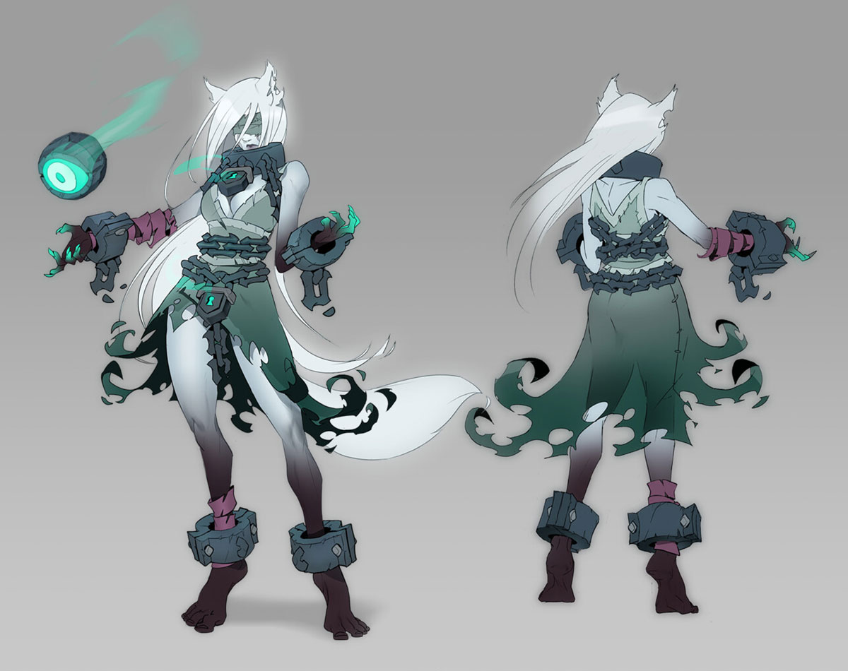 this image depicts a fantasy character design of a ghostly wolflike female spirit. she has long, flowing white fur and green eyes, with chained shackles around her limbs and a haunting, ethereal presence. her outfit features dark, flowing cloth with chains and shackles, creating a sense of captivity and a contrasting visual element to her ethereal nature. she holds a glowing, orblike object in her hand, adding to the mystical vibe. the character appears to be in a state of motion, suggesting an actionoriented nature.