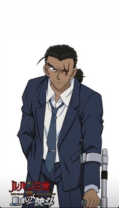 an anime man in a blue suit with a serious expression is standing against a white background. he has short, dark brown hair, brown skin, and a scar over his left eye. he is wearing a white shirt, a blue tie, and a dark blue suit. his right hand is holding a cane.