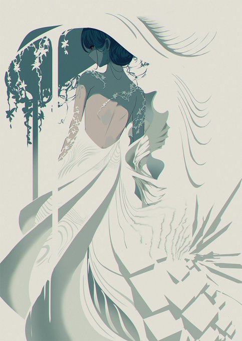the illustration depicts a woman in a flowing white dress, possibly a bride, with her back turned. her dress is highly stylized, with abstract elements and geometric shapes, suggesting a modern and artistic approach. the color palette is muted and ethereal, creating a sense of elegance and mystery. the woman is partially obscured by a veil or drapery, adding to the enigmatic atmosphere. the overall image evokes a sense of dreamlike beauty and surrealism.