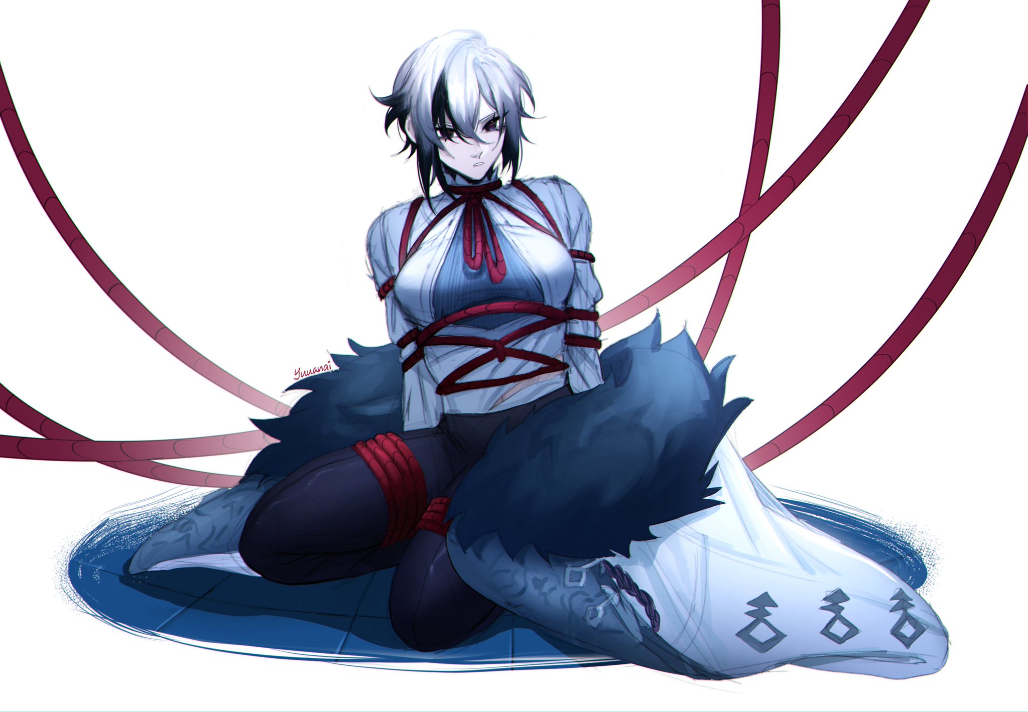 an anime girl with white hair is sitting on the floor. she is tied up with red rope. she is wearing a white shirt and a blue skirt. she has a serious expression on her face. the