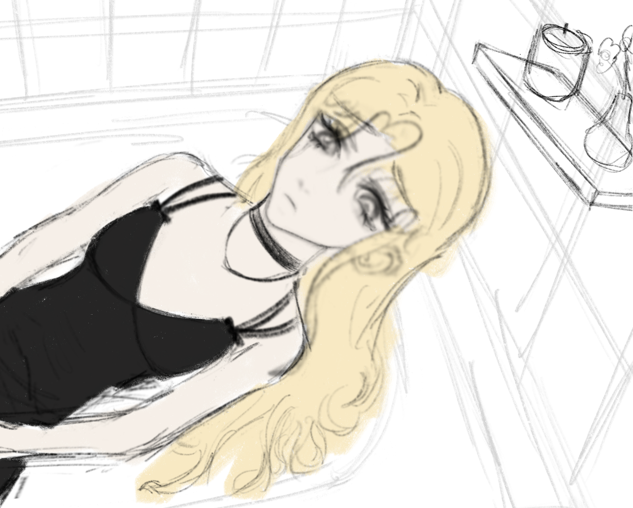 a sketchstyle illustration of a woman with blonde hair lying down. she is wearing a black dress and a choker. the background shows a room with a window and a shelf containing a cup and a vase. the art style is reminiscent of anime.
