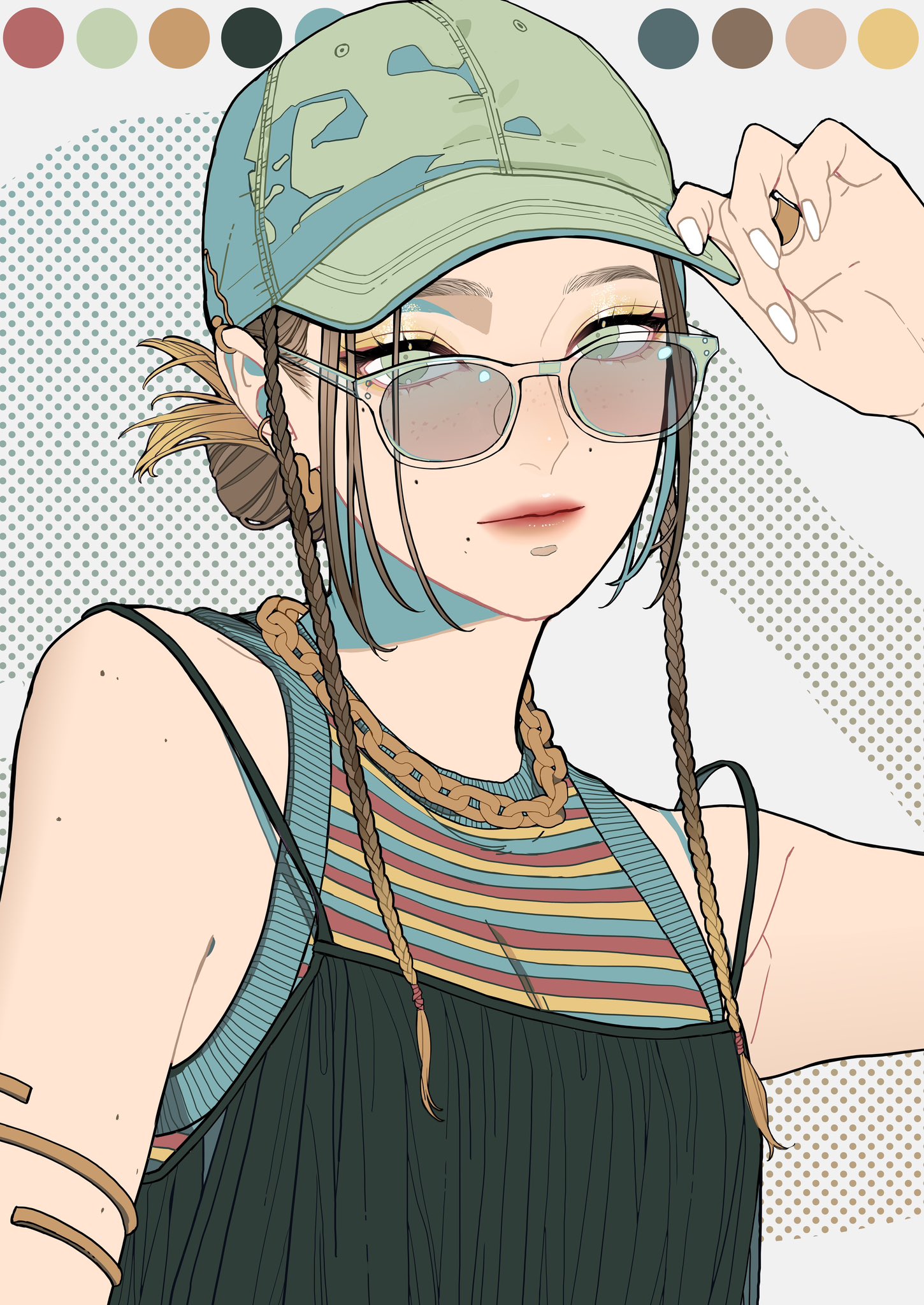 a cartoonstyle image of a woman wearing a baseball cap and sunglasses. she has braids and is wearing a tank top and sleeveless dress with jewelry. her hand is holding the cap. the background is a dotted pattern.