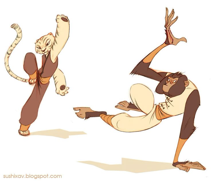 the image features two characters from the kung fu panda franchise, tigress and monkey, in dynamic martial arts poses. tigress is standing on one leg, her other leg raised in a kicking stance with one arm raised and the other held in a guard position. monkey is depicted balancing on one hand and one foot, his body contorted in a fluid movement, with his free hand raised. the illustration style is cartoonlike with exaggerated features and expressions, and both characters are wearing traditional martial arts attire.