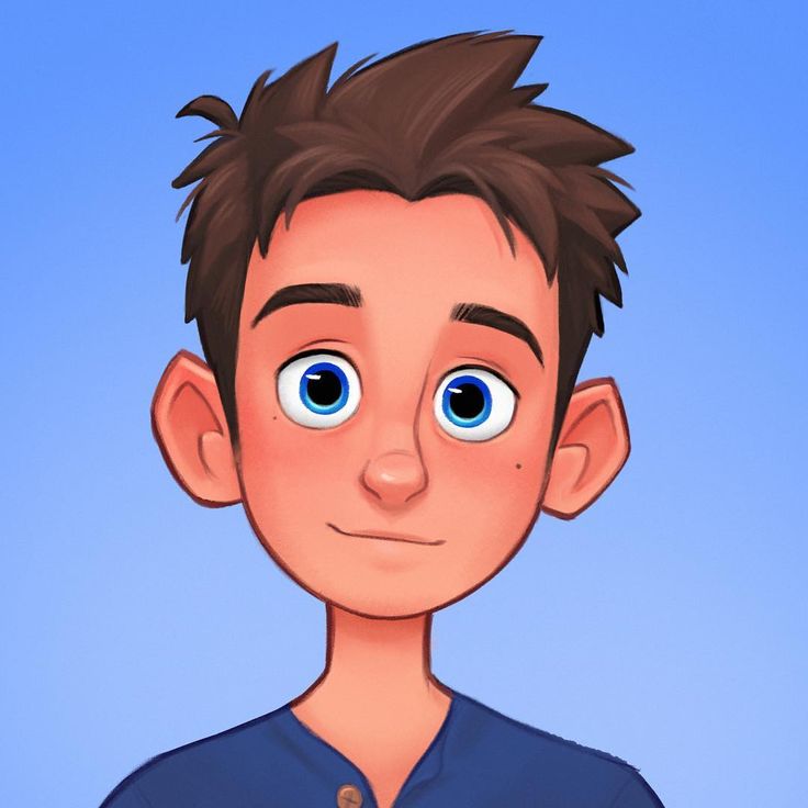 a cartoon drawing of a boy with brown hair, blue eyes, wearing a blue shirt against a blue background.