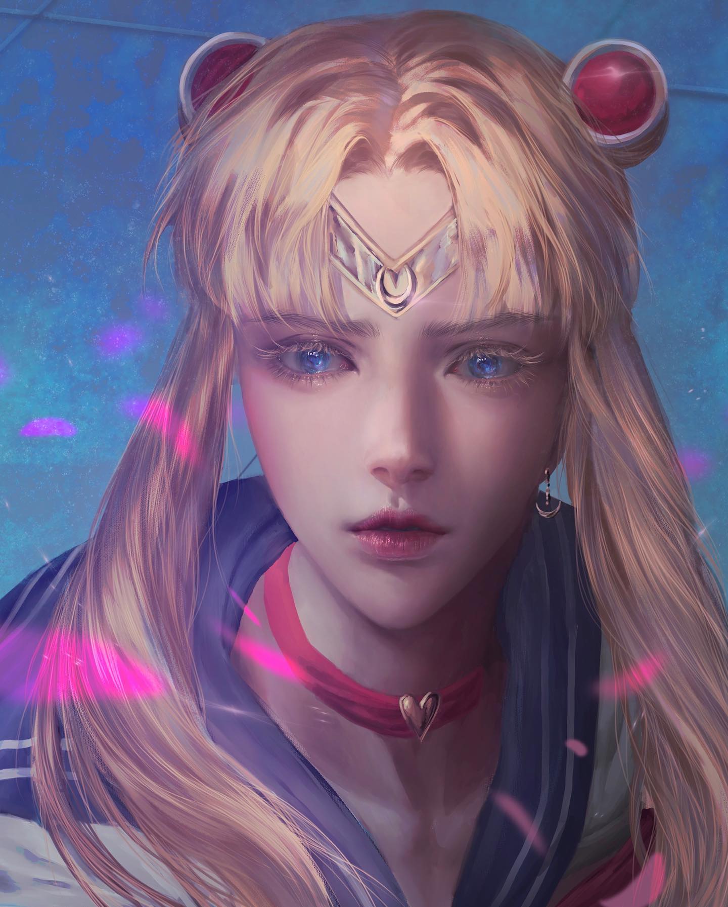 a closeup shot of a young woman with long blonde hair, blue eyes, and a pink bow on her head. she is wearing a sailor uniform and a heartshaped necklace. she looks directly at the viewer with a soft expression. the background is a blurred blue color with pink sparkles.