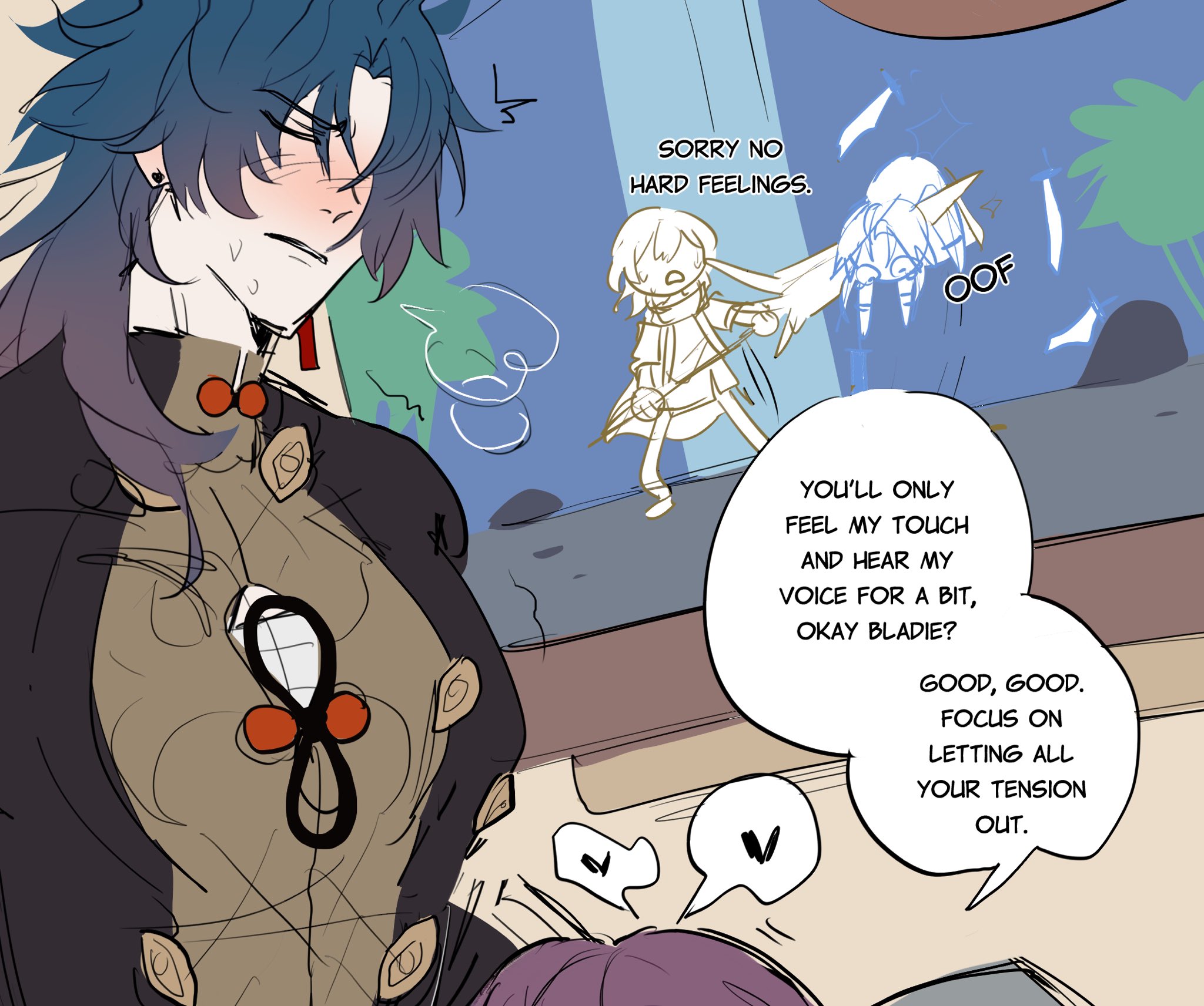 an animestyle image with two characters in a conversation. the character in the foreground is male, with dark hair and a blush on his face. he is speaking with a female character who is holding a sword. the female character is behind the male character, looking like she's about to strike.