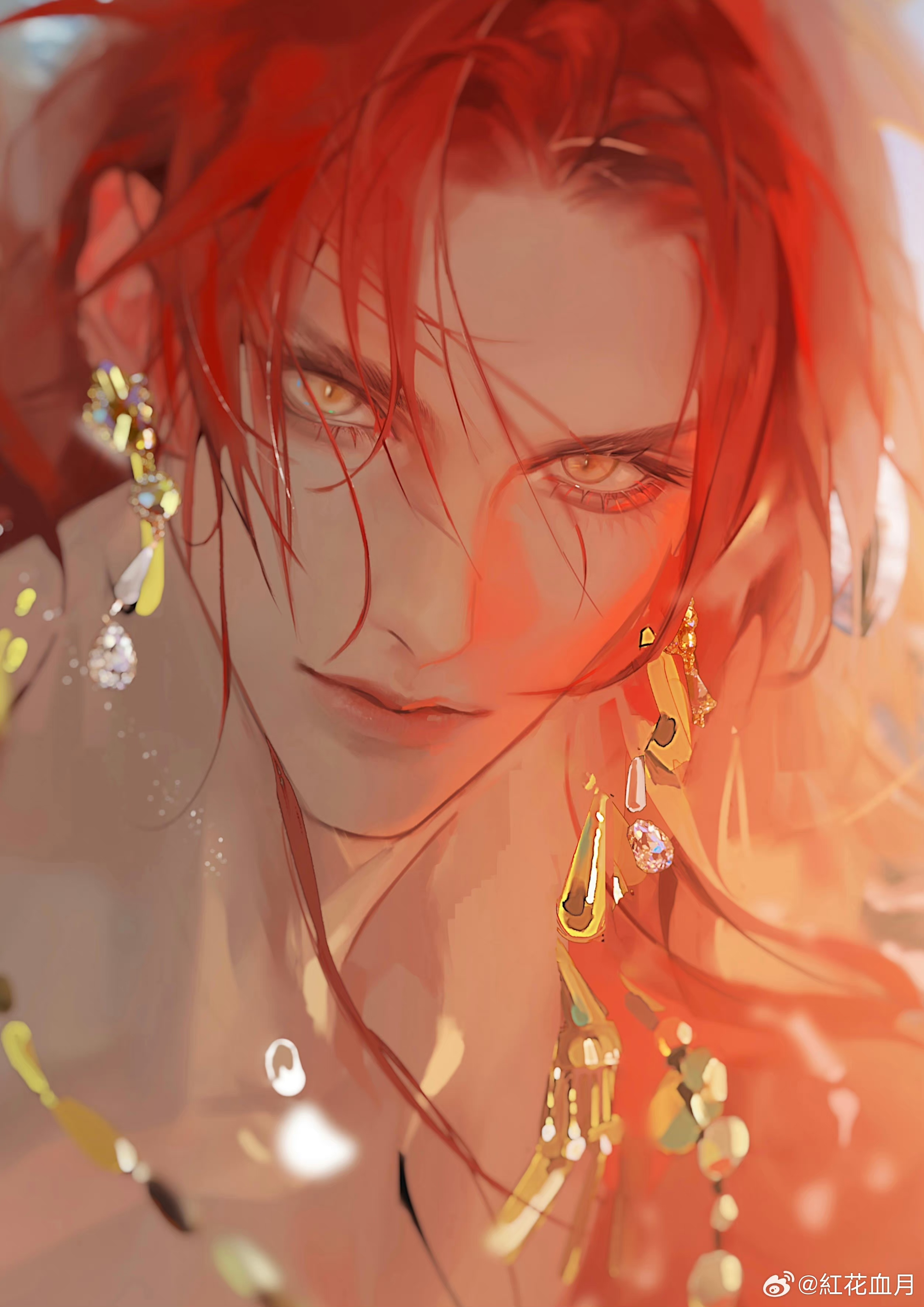 the image showcases a striking digital painting of a young man with vibrant red hair cascading around his face. he possesses captivating golden eyes that stare directly at the viewer, drawing them into his enigmatic gaze. he wears elaborate, dangling gold earrings adorned with shimmering jewels, further enhancing his ethereal beauty. the lighting is soft and warm, casting a gentle glow on his features and highlighting the intricate details of the artwork. the closeup perspective emphasizes his captivating presence, creating an intimate and alluring portrait.