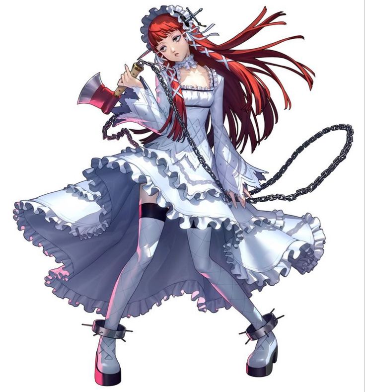a redhaired anime girl in a white dress and boots stands against a white background, holding an axe and chains. she is looking away. she is wearing a white dress with lace trim and a white collar. she has a red bow in her hair and chains on her wrists and ankles. she is wearing a white dress with lace trim and a white collar. she has a red bow in her hair and chains on her wrists and ankles. she is holding an axe in her right hand and a chain in her left hand.