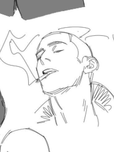 a simple line drawing sketch of a man smoking a cigarette.  the style is loose and sketchy, with minimal detail. the man's face is partially visible, and he appears relaxed. the drawing is done in black and white or grayscale.  the style suggests a possible anime or manga influence.