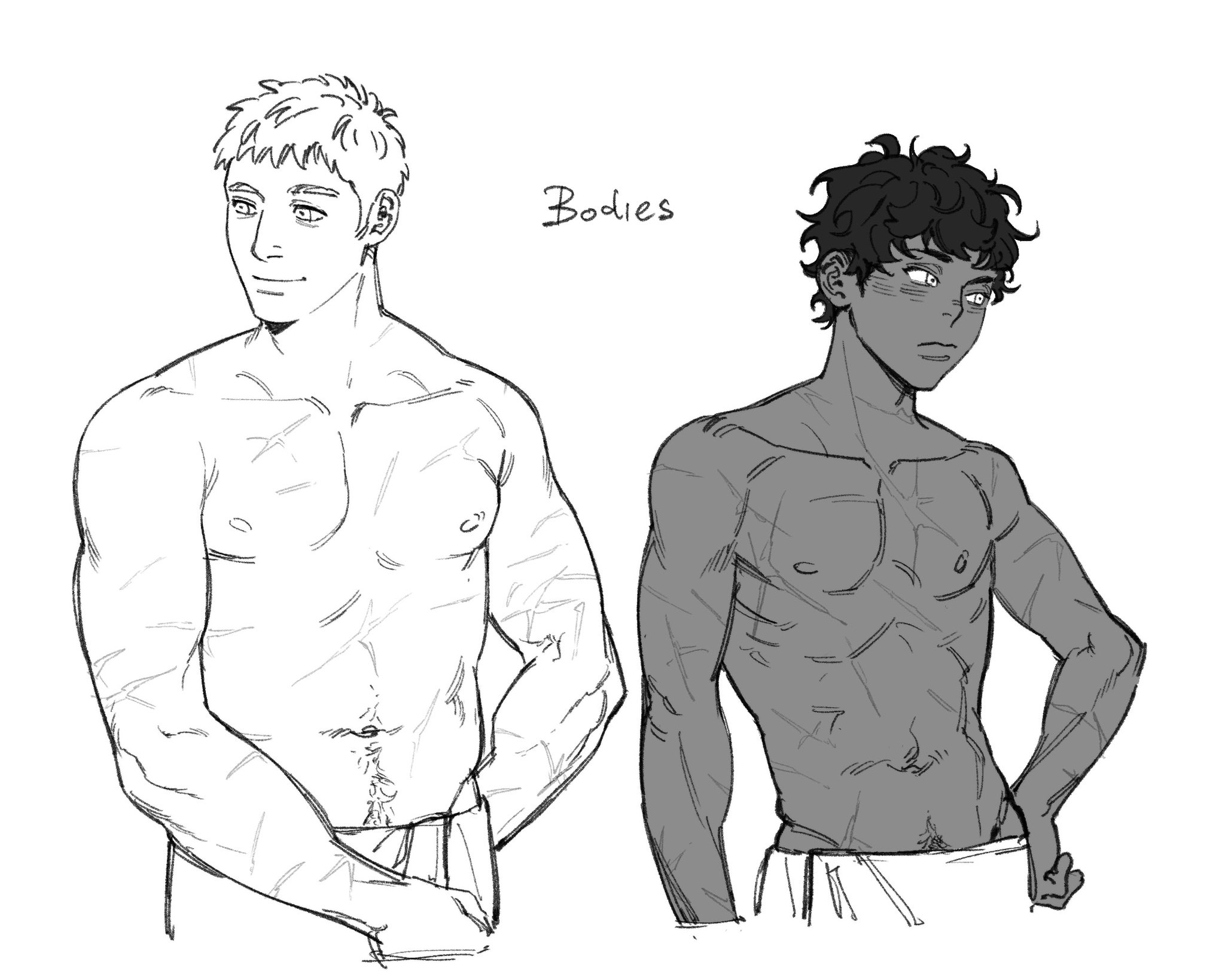 a drawing of two shirtless men. one is a white man with blonde hair, and the other is a black man with curly black hair. both are standing in front of a white background, and the white man is on the left and the black man is on the right.  the illustration is in black and white and is a simple sketch. there is a caption above the men that says "bodies".
