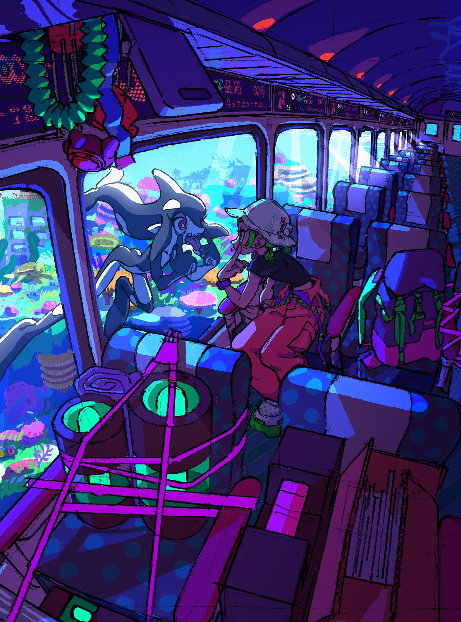 a young woman sits on a bus, gazing out the window at a fantastical underwater world. a friendlylooking monster with glowing green eyes peers in at her from the depths.  the bus appears to be traveling through a magical underwater tunnel, surrounded by coral reefs and glowing flora. the woman is dressed in casual attire with a backpack, suggesting a journey or adventure. the overall ambiance is one of wonder and excitement, accentuated by the vibrant neon lighting.