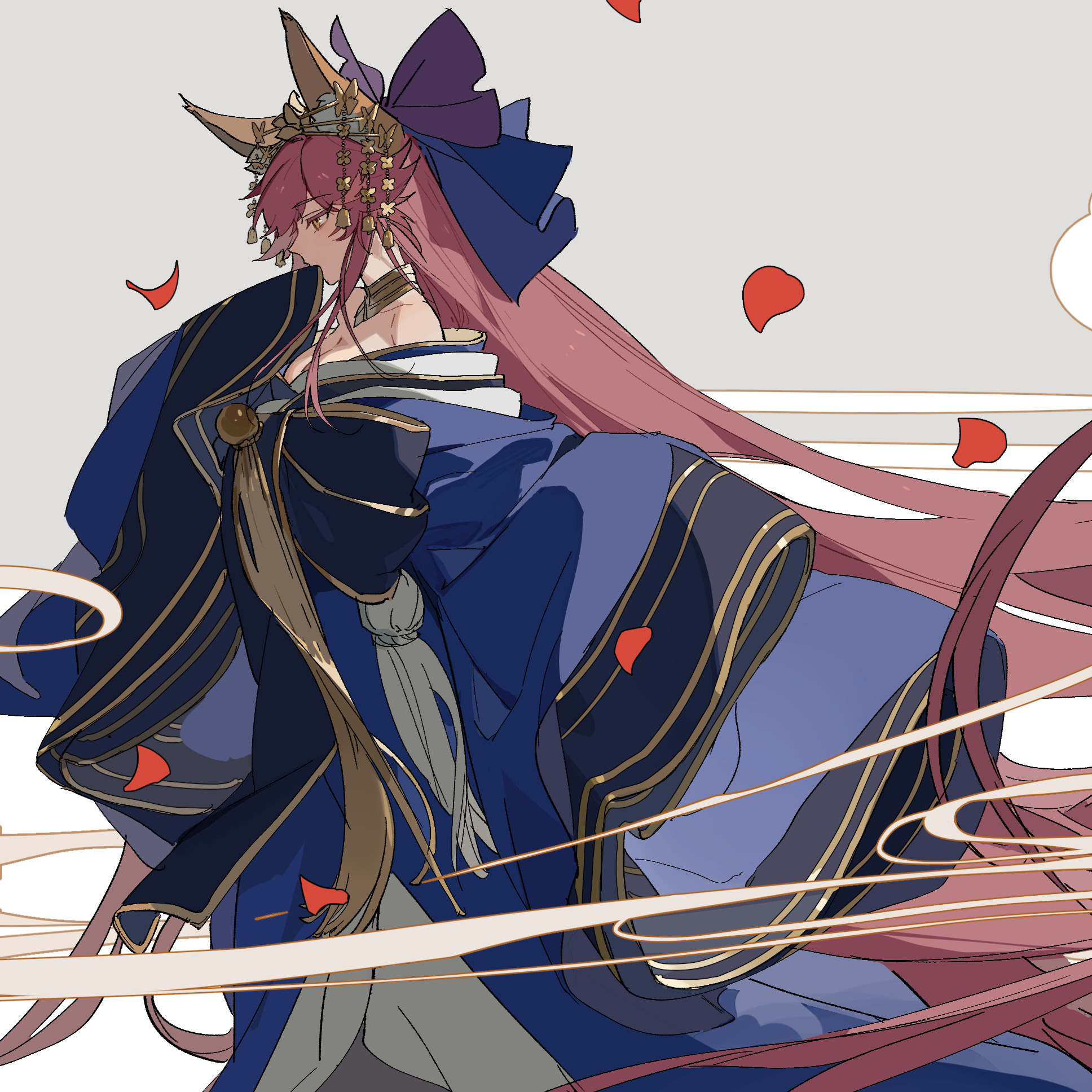 an anime character with long pink hair wearing a blue kimono with gold trim and a crown. ribbons and petals adorn the image.