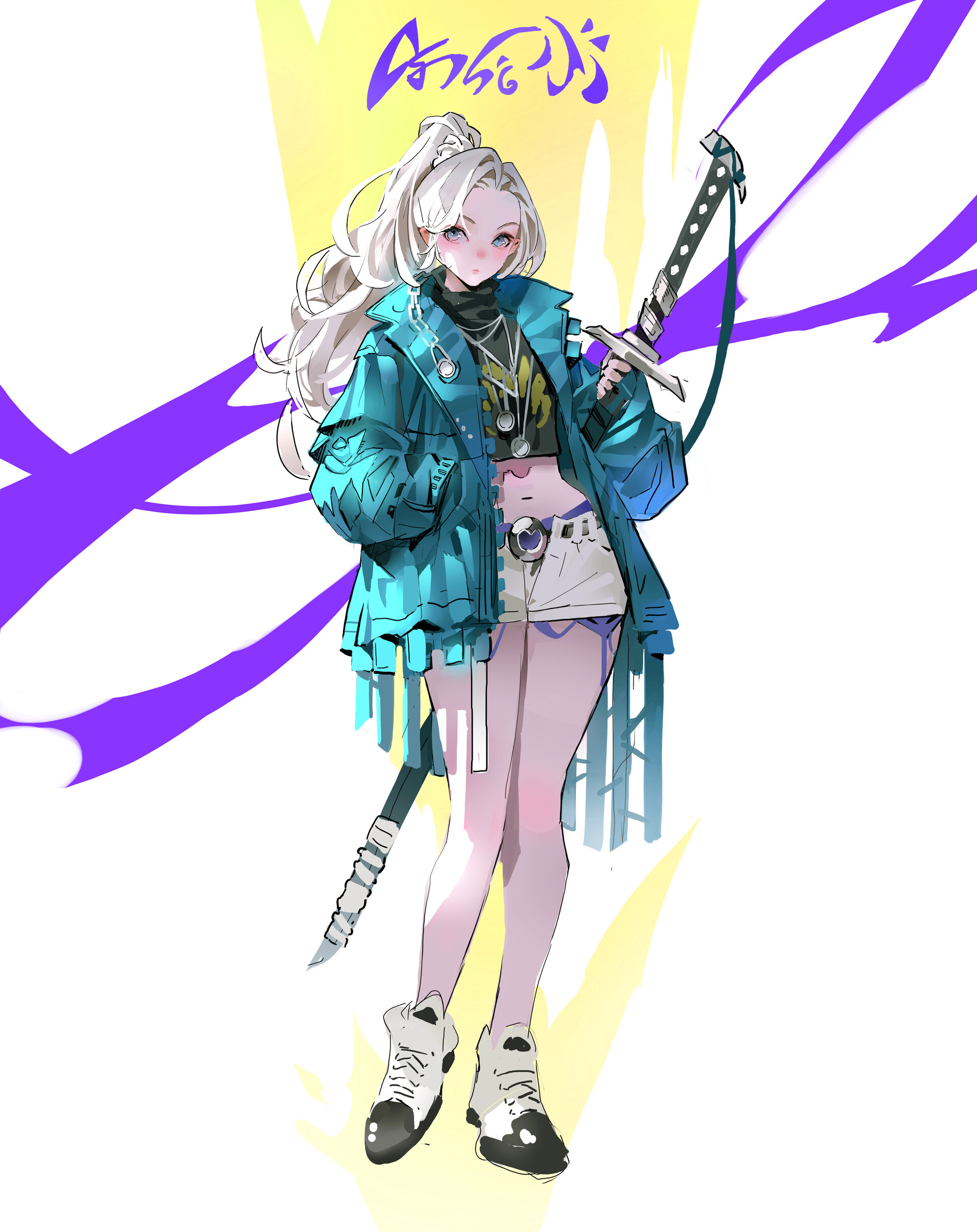 an animestyle illustration features a young woman with white hair styled in a high ponytail. she's dressed in an oversized blue jacket, a black and gold crop top, and white denim shorts. she wears sneakers, multiple necklaces, and a belt. she's wielding a katana, held in her hand with part of it extending down her back. the background includes abstract shapes in purple and yellow, with stylized lettering above her head. the overall style is modern and urban fantasy.