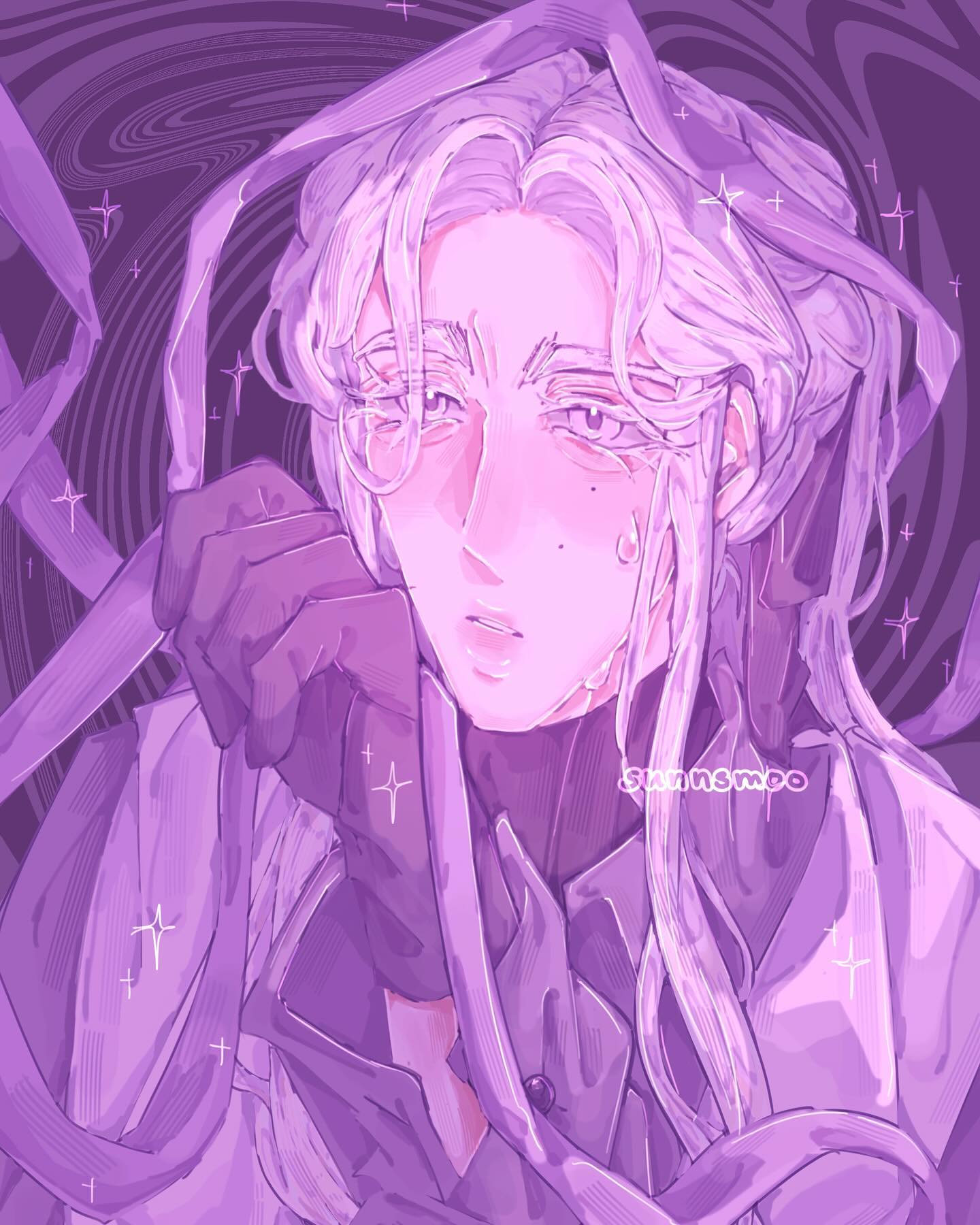 the image is a digital fanart depicting an animestyle character.  the character is a person with long, flowing white hair, partially obscured by swirling purple ribbons or fabric that seem to both bind and adorn them.  they have a soft, delicate facial expression, and they appear to be crying or at least have tears on their cheeks.  the overall color palette is a soft, pastel purple with a hazy, ethereal quality. the background features swirling patterns, contributing to a dreamlike or mysterious atmosphere. the style is distinctly artistic and evocative of sadness or melancholic emotion.  the character is dressed in what appears to be dark purple clothing.