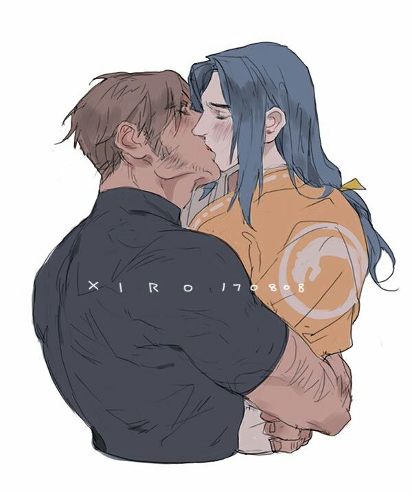 an illustration of two characters in a loving embrace, sharing a kiss. one character has short brown hair and a beard, wearing a dark shirt. the other has long blue hair tied with a yellow ribbon and wears a yellow top with a symbol on the back.