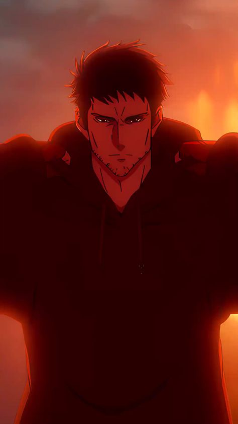 an anime character stands against a fiery backdrop. he has short, dark hair and a goatee. his expression is serious and determined. he wears a dark hoodie, the hood pulled up over his head. the background is a mix of fiery orange and red, creating a sense of heat and intensity. content: person people: man, anime character environment: outdoors, sunset, fire lighting: warm, backlighting, dramatic perspective: frontal view kw: anime, portrait, dramatic lighting, intense, serious, fire, sunset, hoodie