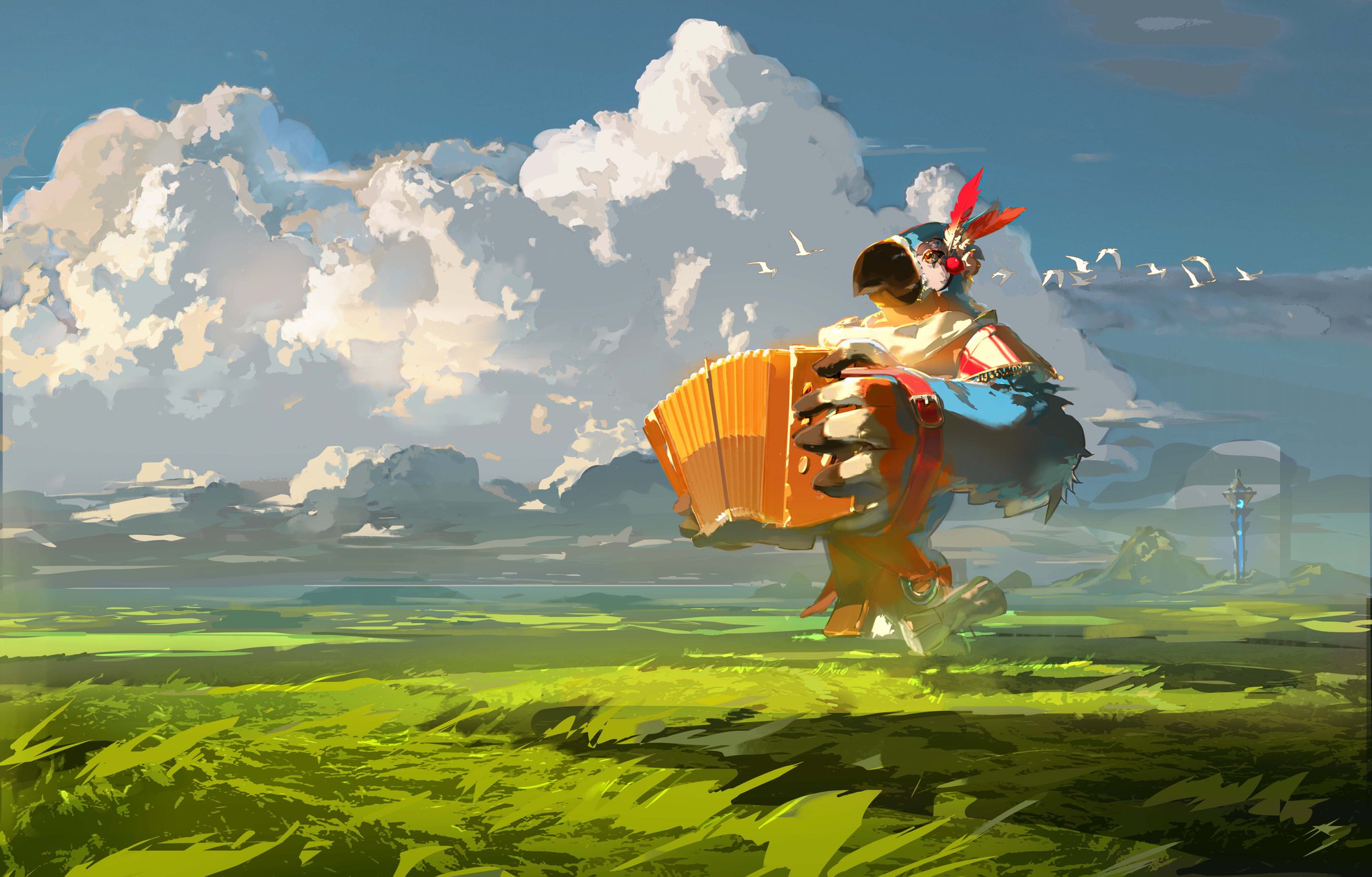 a digital illustration of kasuga the bard from the legend of zelda: breath of the wild. he is standing in a green field, playing his accordion.  in the background are mountains, a tower, and a cloudy sky.