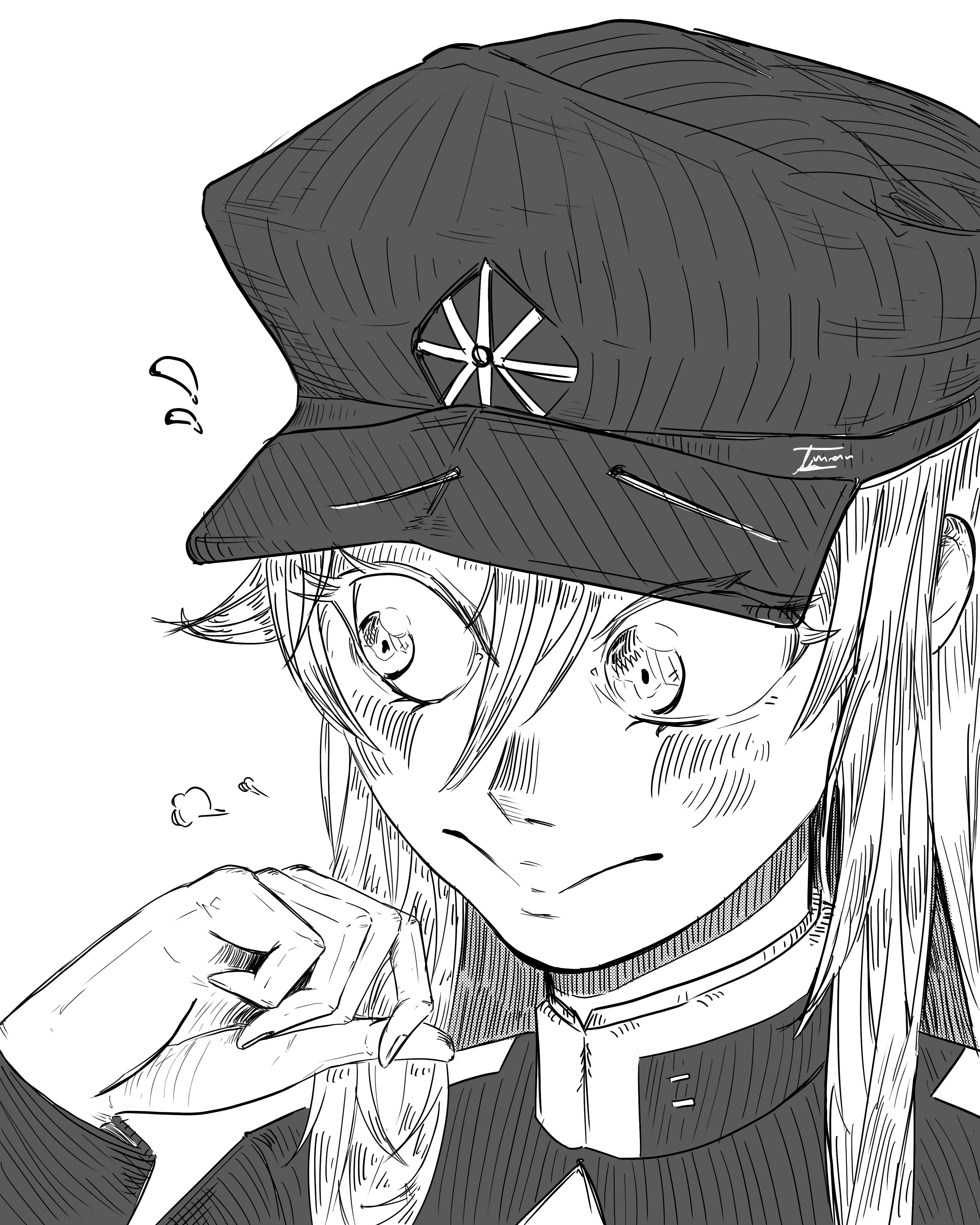 a black and white illustration of an anime girl with long hair wearing a black hat with a star emblem. she is looking thoughtful with a slight frown on her face. she is wearing a collared uniform.