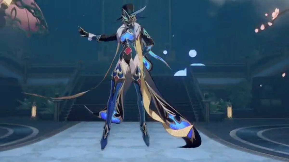 a female anime character, depicted in a fantastical, animated style, is standing in a pose with her arms extended. she wears a blue, gold, white and black outfit, with a mask that covers her face and a hat that is adorned with gold. she stands on a platform that appears to be digital and the background is filled with blue and white, suggesting a futuristic, or fantasy world.