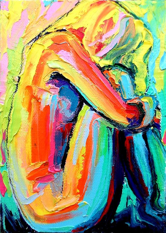 this abstract painting is a vibrant and dynamic depiction of a woman's figure. the artwork is characterized by bold, expressive brushstrokes and a rich color palette, ranging from bright yellows and oranges to deep blues and greens. the figure is depicted in a curledup position, creating a sense of vulnerability and isolation. the thick application of paint adds a textured element to the painting, enhancing its expressive quality. the overall effect is one of intense emotion and raw vulnerability.