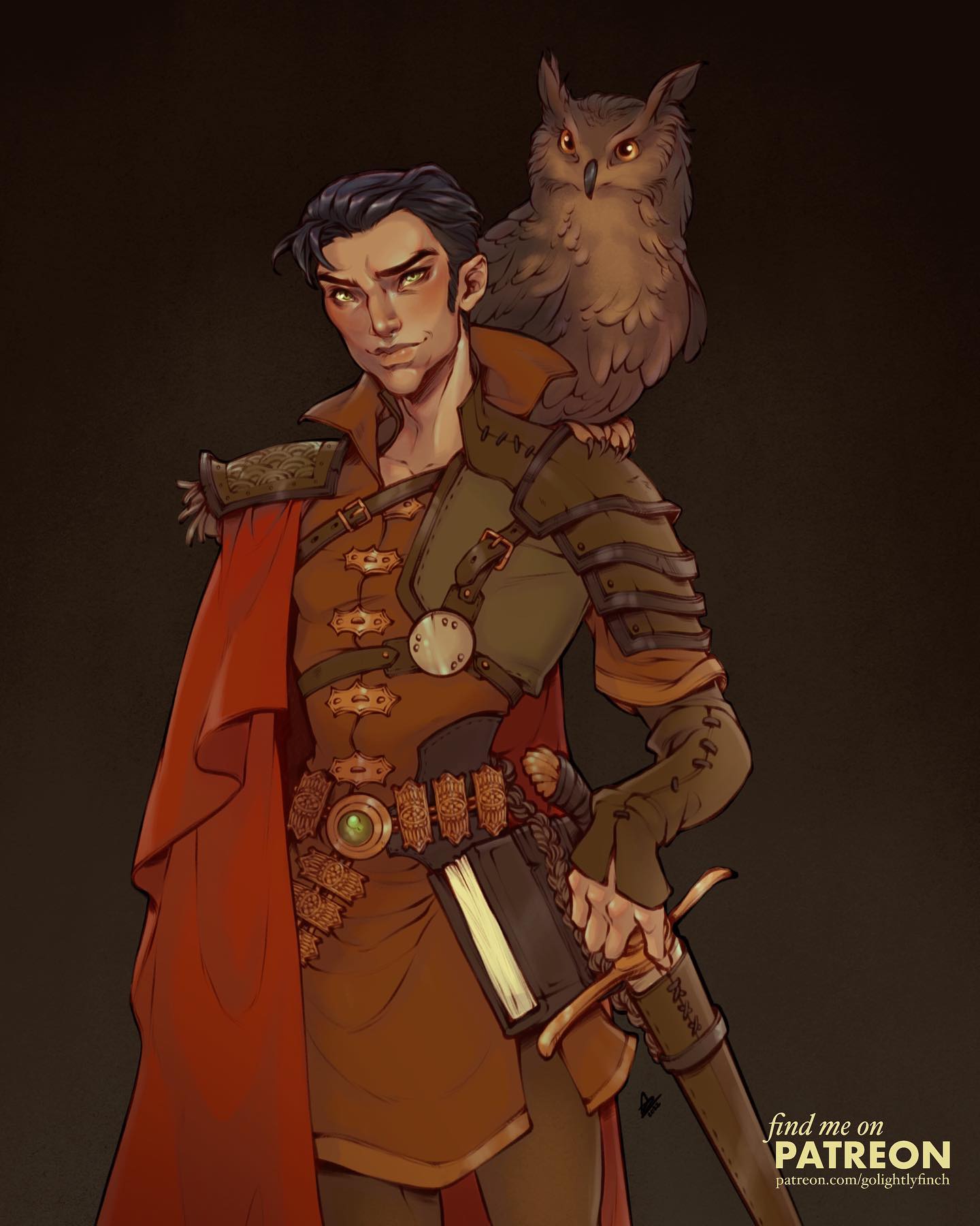 the image is a digital painting depicting a young, handsome man dressed in fantasystyle medieval clothing and armor. he has dark hair and a confident expression.  a large owl is perched on his shoulder.  he wears a brown tunic, green armor pieces, a red cloak, and a belt with a book and what appears to be a sword strapped to his hip. the style is reminiscent of fantasy book illustrations or character designs for roleplaying games. the background is a muted dark brown, focusing attention on the character. a patreon logo and the artist's name are subtly included in the bottom right corner.