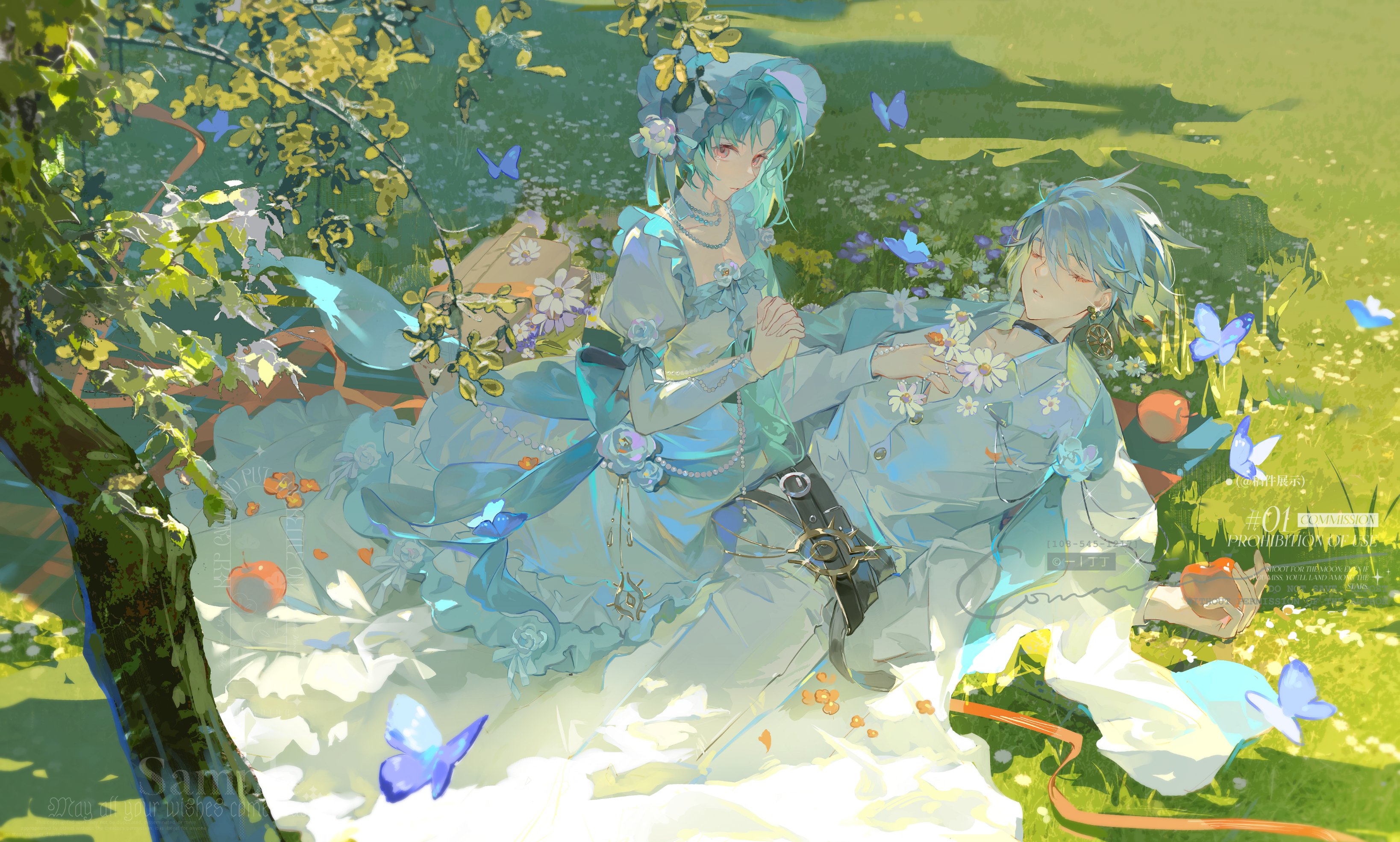 a young couple in whimsy pastel blue and white clothing lie together on a white blanket beneath a flowering tree. they are surrounded by vibrantly colored butterflies in various shades of blue. the young man rests his head in the lap of a woman with flowing green hair. he holds a handful of small white flowers in his hand, while she gazes down at him lovingly.  the scene evokes a sense of romance and joy.