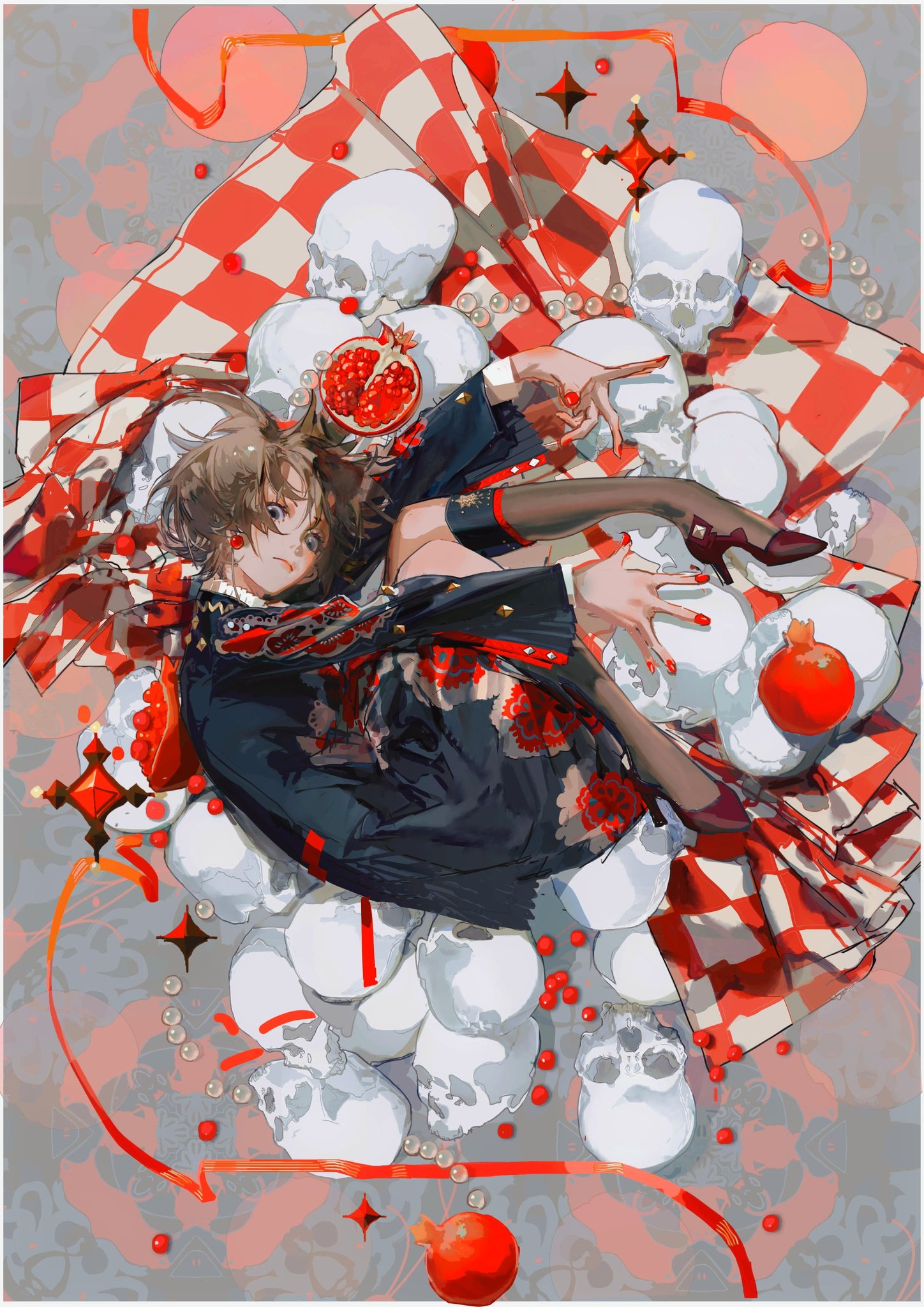 this is a digital artwork of a woman, who has brown hair and wears a black and red outfit with white trim, sitting on a blanket with a checkered pattern with red and white squares.  there are several white skulls on the blanket, as well as red pomegranates.  the woman's skin is a light pink, and she is gazing towards the right side of the artwork.  there are red and white ribbons in the background of the artwork, and small white dots.  there is also a white cross, which is one of the skulls.  the artwork is a vibrant and colorful illustration, that uses bold colors and strong lines to create a visual story.