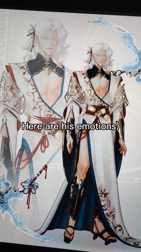 the image showcases a digital artwork depicting a male anime/manga character. the character is dressed in an elaborate, flowing kimonostyle robe adorned with intricate gold and teal designs.  his hair is long and white, and he has a slender, elegant physique. he's presented in two slightly different poses suggesting varied emotional states, which are highlighted in the text overlay: "here are his emotions)". he carries or is associated with a large, ornate scythelike weapon with a pale blue icy edge and a decorative handle. the overall aesthetic is fantasybased, elegant and ethereal. the background is simple and understated, focusing attention on the character.