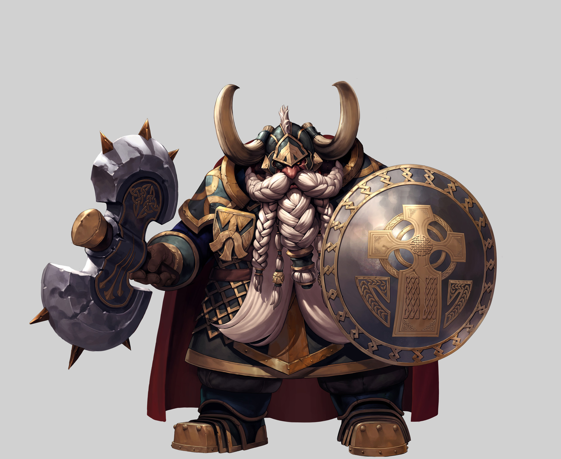 the image depicts a powerfully built fantasy dwarf warrior. he is clad in ornate, dark armor with gold accents, wears a horned helmet, and possesses a long braided white beard.  he wields a large, spiked axe in one hand and carries a round shield emblazoned with a celtic cross in the other. the dwarf's expression is stern and serious, suggesting battle readiness. the artwork is detailed and rendered in a style reminiscent of fantasy video game character design or concept art. the background is a simple, neutral gray.