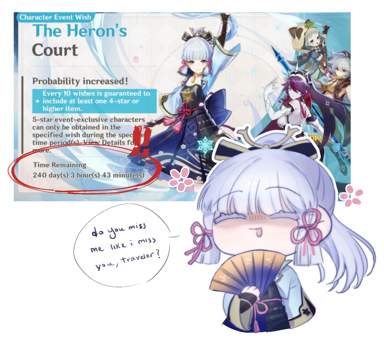 the image is a screenshot from the game genshin impact, showcasing the "the heron's court" event banner. the banner features a probability increase for getting 4star or higher characters. additionally, it highlights the time remaining for the event, 240 days, 3 hours, and 43 minutes.  the screenshot also includes a cute chibi drawing of the character from the game, smiling and holding a fan, with a speech bubble saying "do you miss me like i miss you, traveler?". the background of the image shows other genshin impact characters.