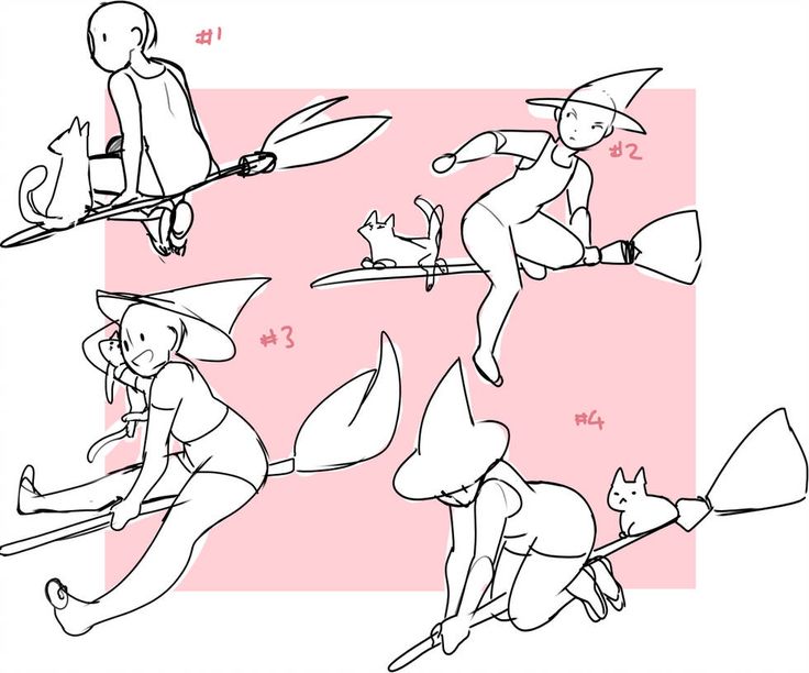 this is a sketch of four witches flying on broomsticks. each witch is holding a cat. they are all in different poses. the sketch is done in black and white, and the witches are drawn with simple lines. the background is a light pink color.