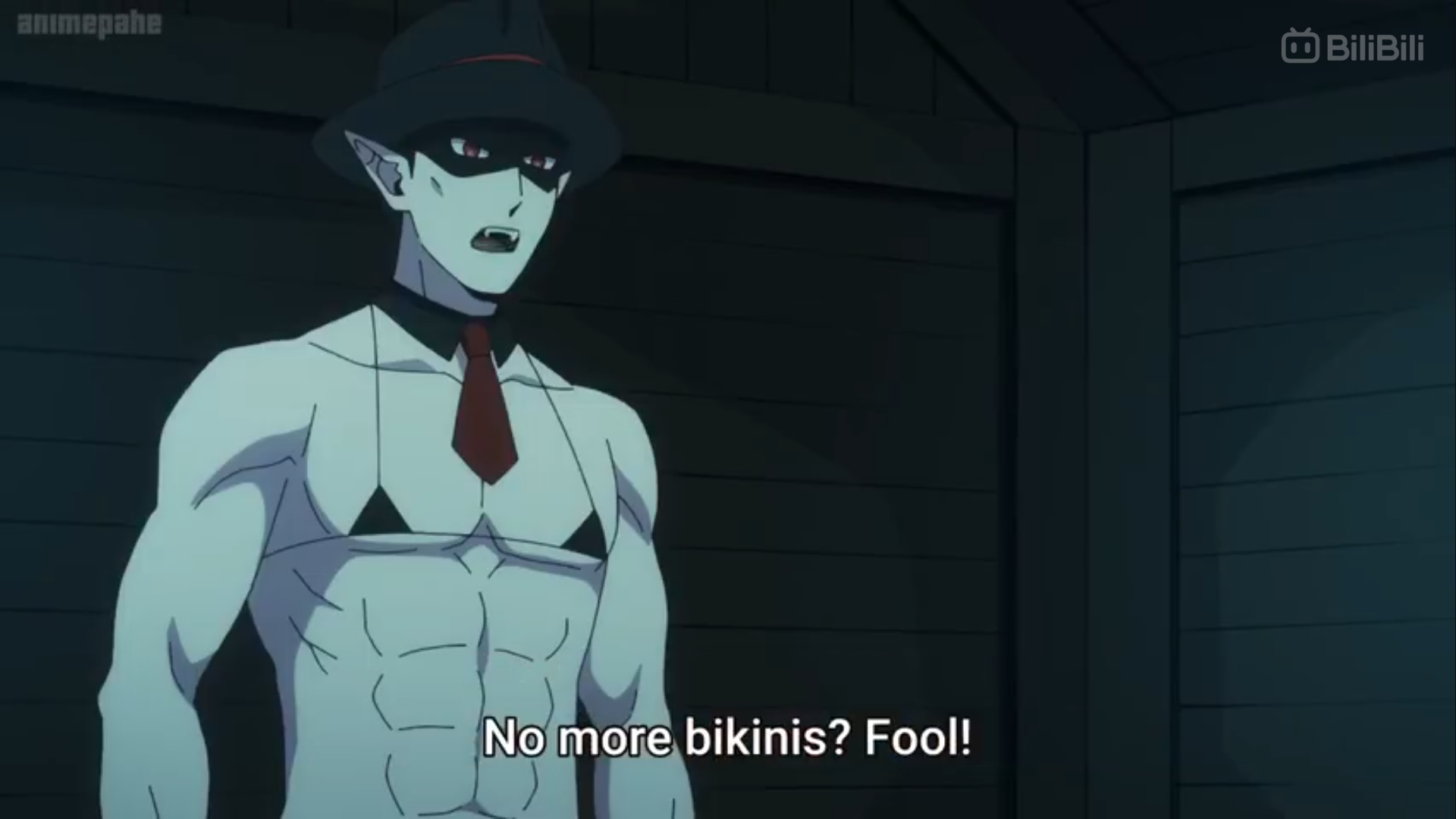 a cartoon vampire man with pale skin and blue hair wearing a white shirt, red tie, black bikini top, and black fedora is talking to someone in a dark room, likely made of wood. the vampire looks annoyed as he says, "no more bikinis? fool!".