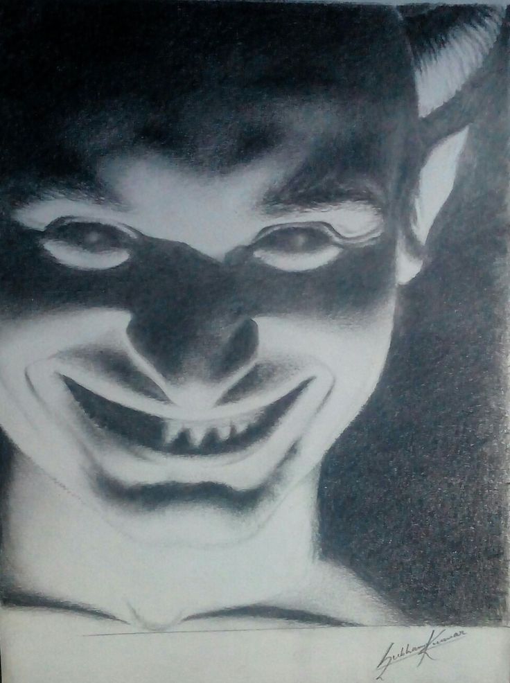 a pencil drawing of a demonic creature with horns, a wide grin, and sharp teeth. the drawing is in grayscale and creates a dark, menacing atmosphere. the creature's eyes are wide and staring, and its smile is unsettling. the background is shaded dark, further emphasizing the ominous nature of the creature.