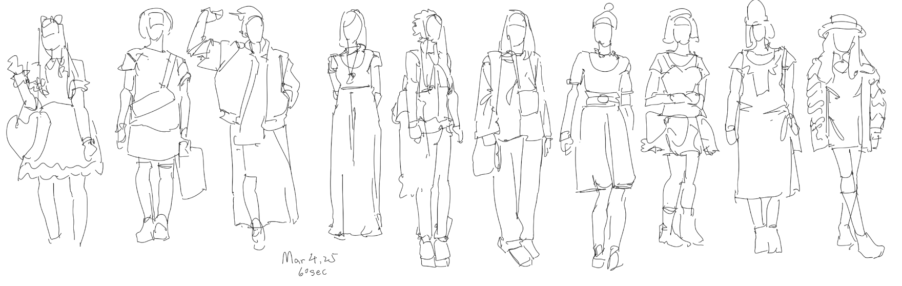 the image shows a series of fashion sketches rendered in line art. the sketches depict female figures in various standing poses, showcasing a diverse range of outfits including dresses, jackets, and pants. accessories such as hats, bags, boots, and shoes are also illustrated. the overall style is quick and gestural, capturing the essence of fashion designs.