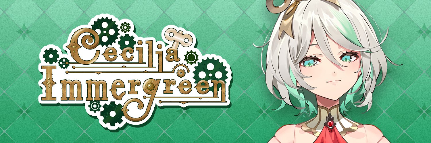 the image is of a lightskinned anime girl with white hair and green tips, she is wearing a white and red dress with gold accents. the background is teal green. on the left side of the image is the character's name, "cecilia immergreen," stylized with gears behind it.