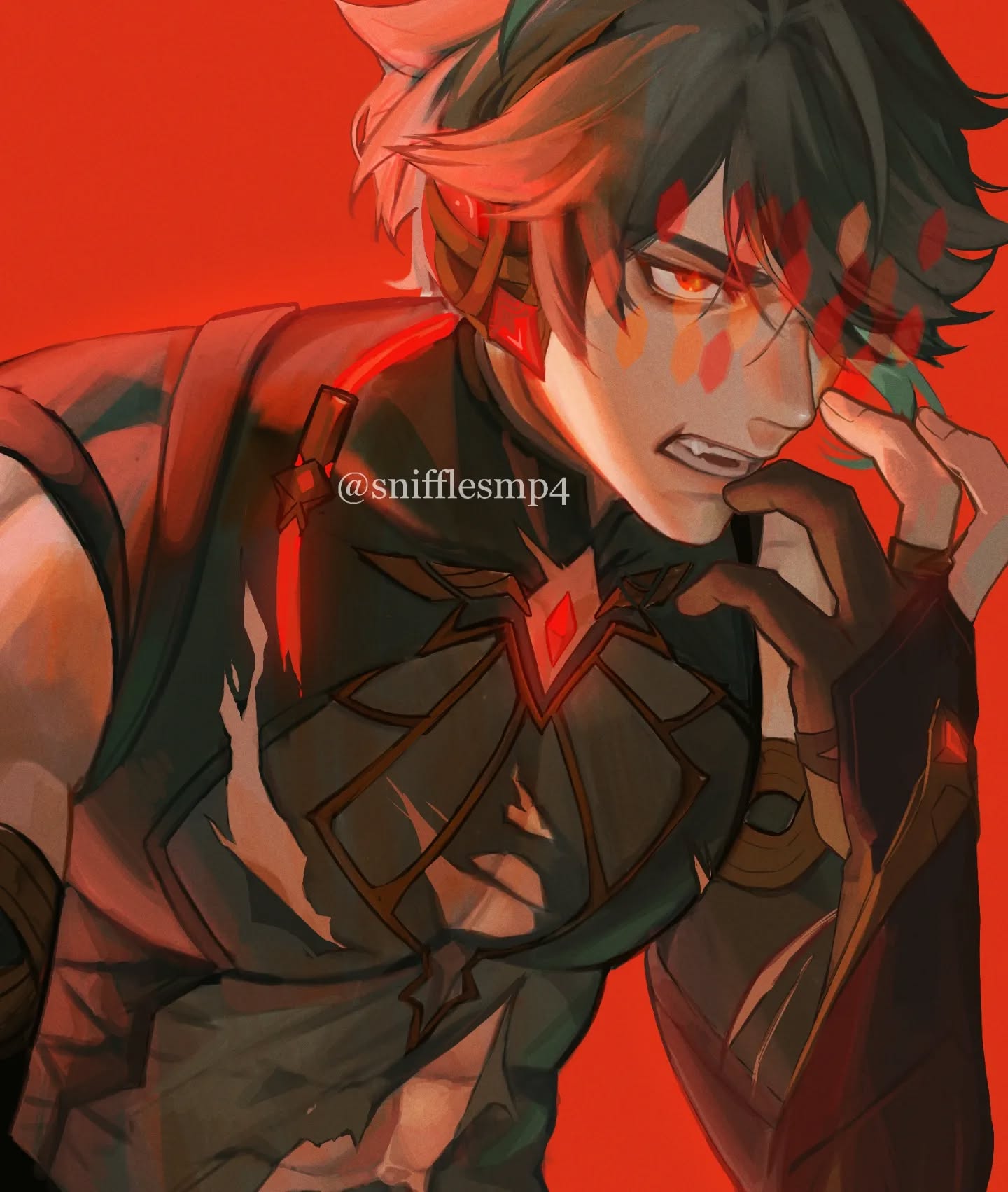 the image is a digital painting or drawing, likely fanart, depicting a male character in an anime or mangainspired style. he has dark hair with vibrant red highlights, glowing red eyes, and a fierce, angry expression. his attire consists of stylized armor and clothing with a dark, primarily red and brown color scheme, accentuated with gold details. the character's muscular physique is visible, and he is presented in a closeup, intense portrait.  the background is a solid, flat red. the style is dynamic and painterly, showcasing a strong use of light and shadow to create depth and texture. the artist's watermark, "@snifflesmp4," is subtly included in the image.