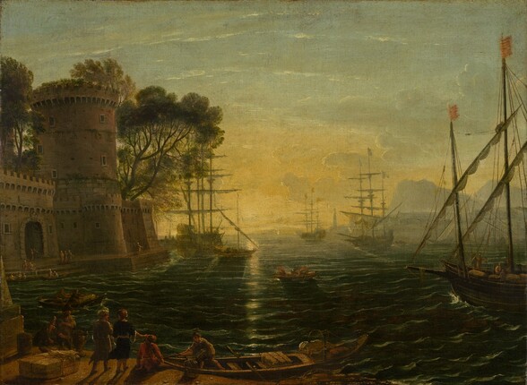 the image is a painting depicting a harbor scene with several ships and boats. a large tower stands on the coastline to the left. people are gathered near the boats in the foreground. in the distance, more ships can be seen sailing on the water. the sky is cloudy and the overall light suggests either sunrise or sunset.