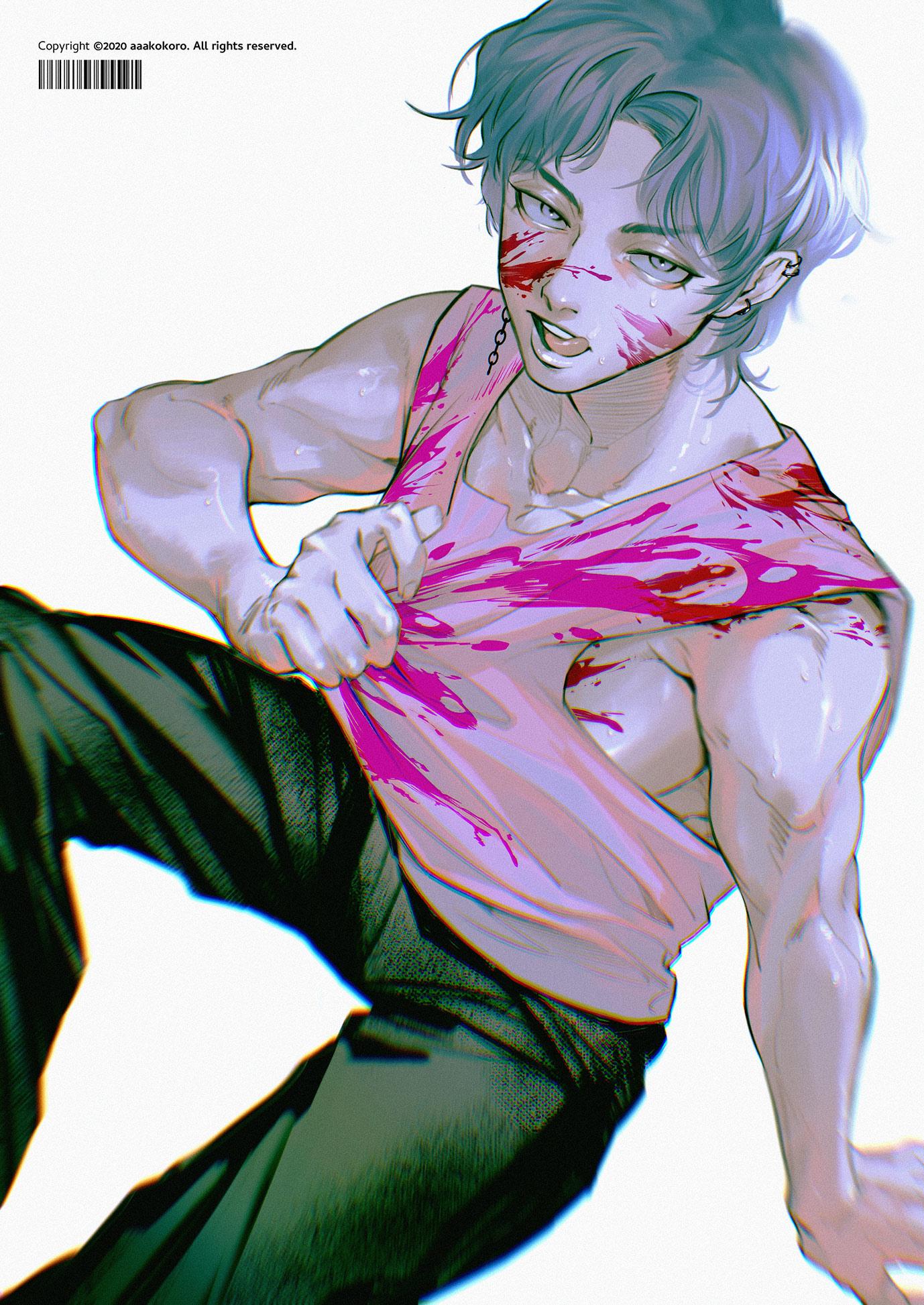 this is a digital illustration of an anime male character. he is in a fighting stance, with his shirt ripped and stained with blood. his face is also covered in blood, with a fierce expression. the background is white, highlighting the character and the blood stains. the art style is dynamic and energetic, with detailed lines and strong colors. the overall impression of the artwork is intense and dramatic, conveying a sense of violence and aggression.