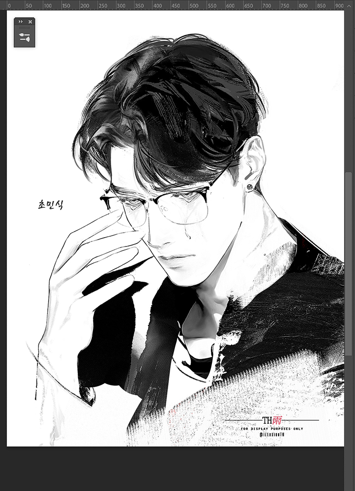 a black and white drawing of a young korean man with black hair. he is wearing glasses and is looking down with a sad expression. his hand is covering his face. the background is white.