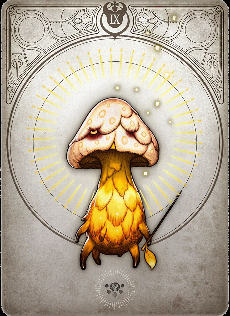 the image is of a tarot card called "ix of wands", featuring a stylized, glowing mushroom creature holding a small staff. the background features ornate details reminiscent of art nouveau design.