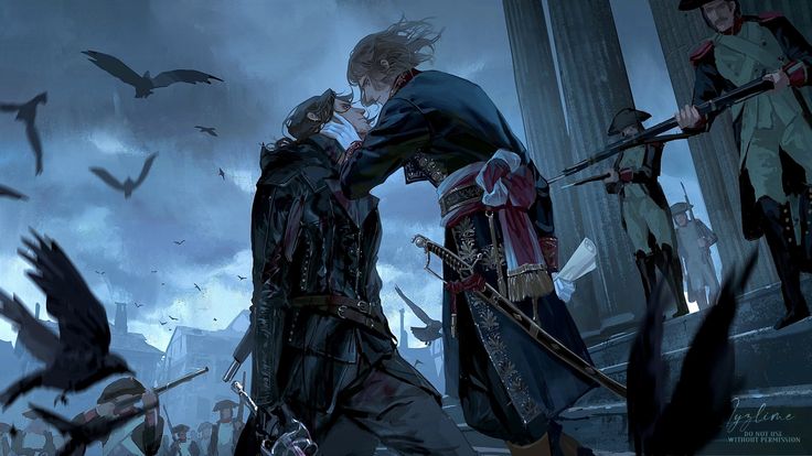 the artwork is a digital painting depicting a romantic scene between two men in 18thcentury style clothing.  one man, dressed in a dark, leatherlike coat, appears to be an assassin or rogue type, possibly with bloodstains visible. the other man is clad in a richly decorated militarystyle coat suggesting high rank or nobility. they are embracing and sharing a kiss against a backdrop of a dark, ominous cityscape.  several crows fly around them, adding to the somber mood. in the background, a group of soldiers armed with muskets stand guard, adding a sense of tension or conflict to the scene. the architectural elements, such as columns and building facades, suggest a european city setting. the overall style is dark, dramatic, and evocative, blending elements of historical setting with fantasy aesthetics. the artist's signature, "jypline," is visible in the bottom right corner.