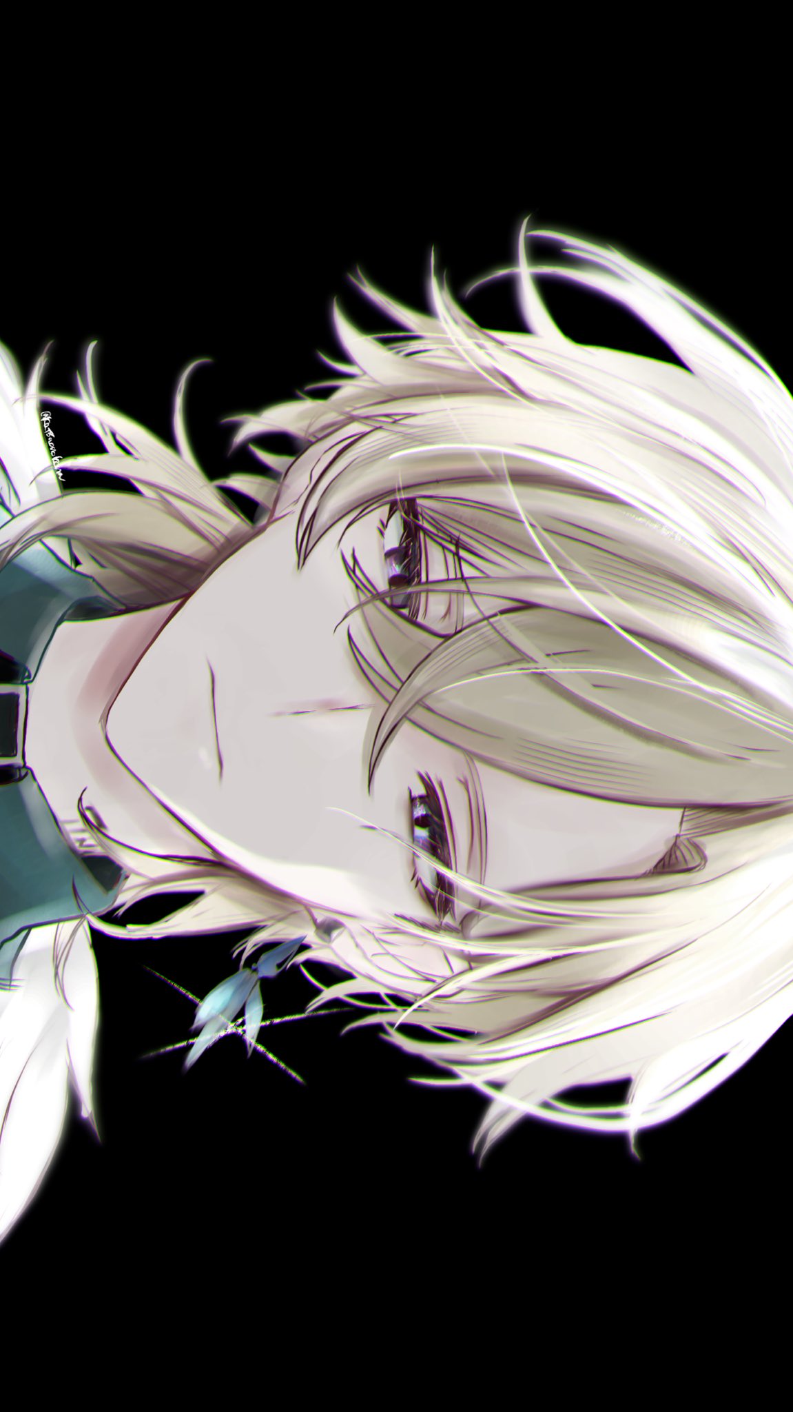 the image is a stylized illustration or digital painting of an animestyle boy. he has long, flowing blonde or white hair that partially obscures his face. his skin is pale, and his eyes are visible, conveying a serious or perhaps somewhat melancholic expression. he's wearing a dark tealcolored garment and a simple necklace. the background is black, providing a stark contrast to the light colors of the character. the style is artistic and elegant, with a focus on detailed hair and shading. the overall impression is one of mystery and quiet intensity.