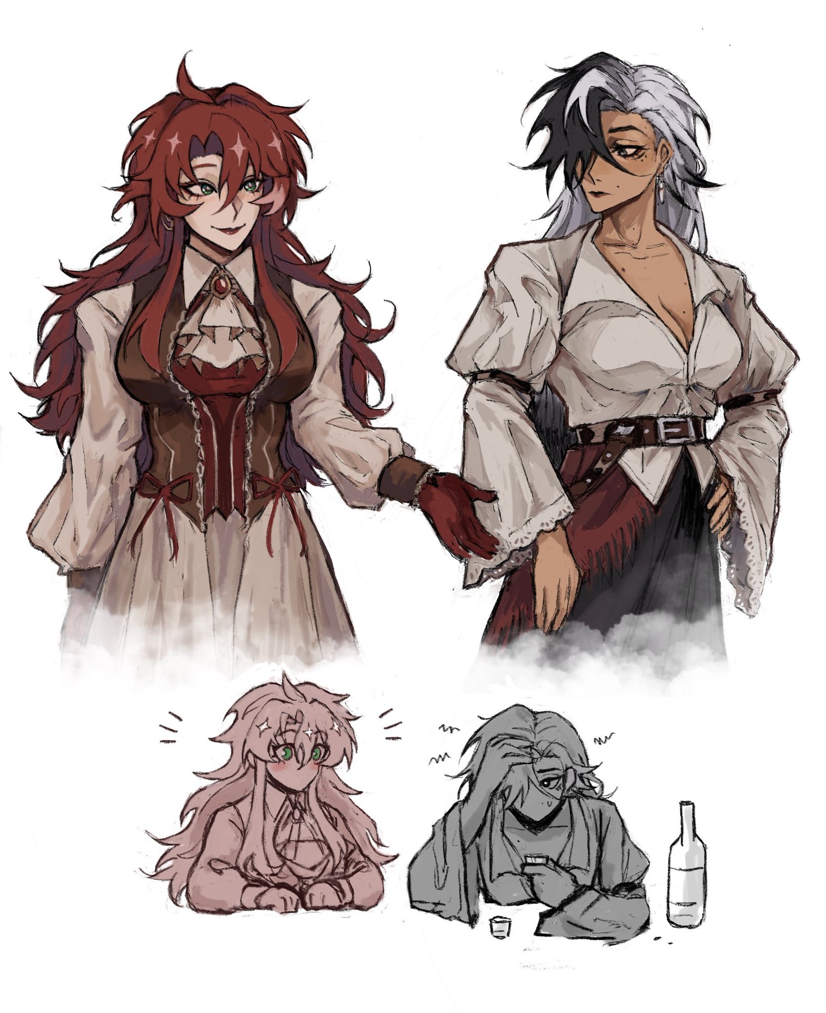 the image is a digital illustration showcasing four anime/mangastyled characters. the top panel shows two women, one with long red hair wearing a corsetlike top and a long, flowing dress, the other with long, halfwhite halfblack hair in a piratestyle outfit.  they appear to be in a friendly interaction, with the redhaired woman extending a gloved hand towards the other. the bottom panel features two smaller illustrations, likely showing the same characters but in a more relaxed and informal setting; one seems surprised or delighted, the other appears tired and is holding a drink near an opened bottle of alcohol. the art style blends elements of fantasy and possibly some pirate influences. the overall aesthetic is soft, and the linework is somewhat loose, giving it a slightly sketchy feel.