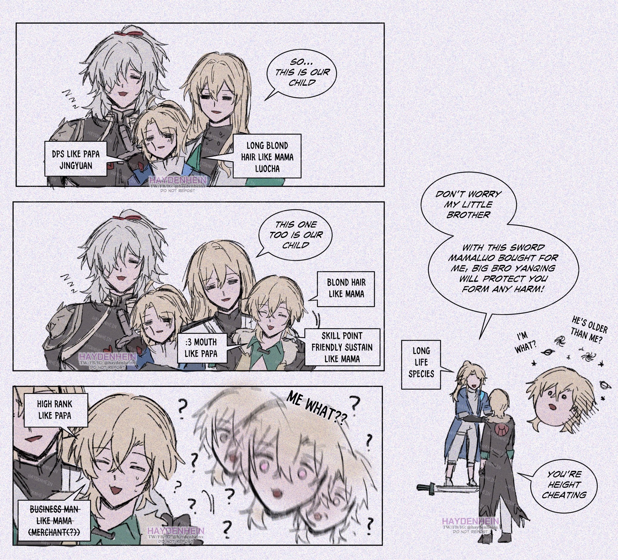this is a comic of the popular game genshin impact. the characters are albedo, itto, gorou, and xiao. the comic is about the characters talking about their family dynamics and how they're all related to each other. the art style is very cute and the comic is full of humor. it's a great example of fan art for genshin impact.