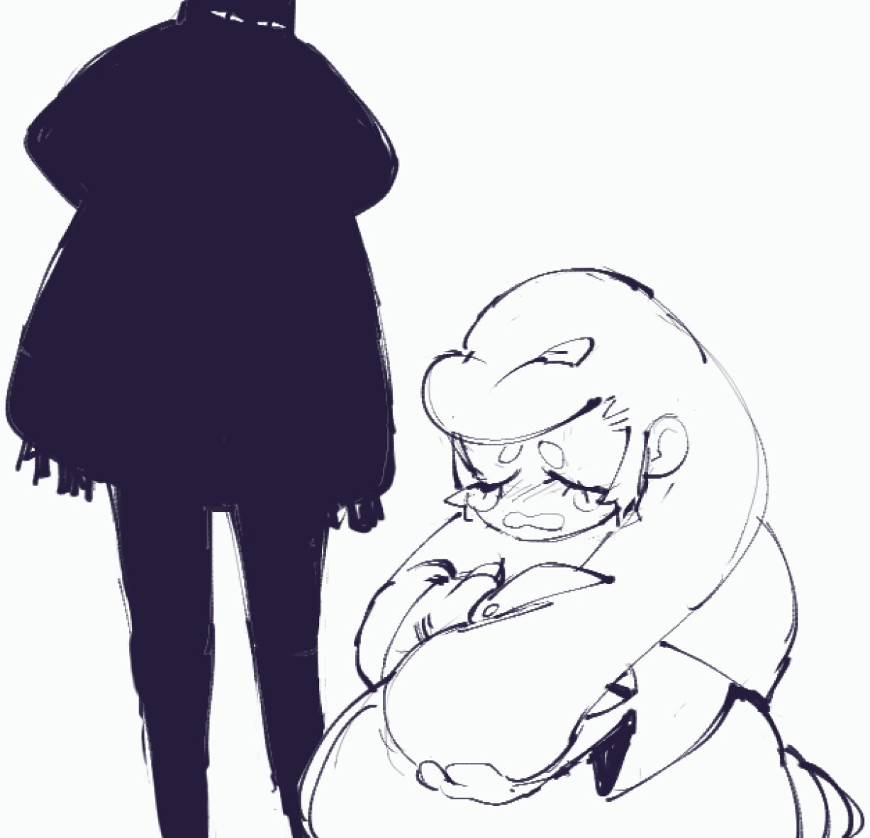 a sketch of a black silhouette of a person comforting a crying person. the crying person is facing away from the silhouette and is curled up with their head in their hands.
