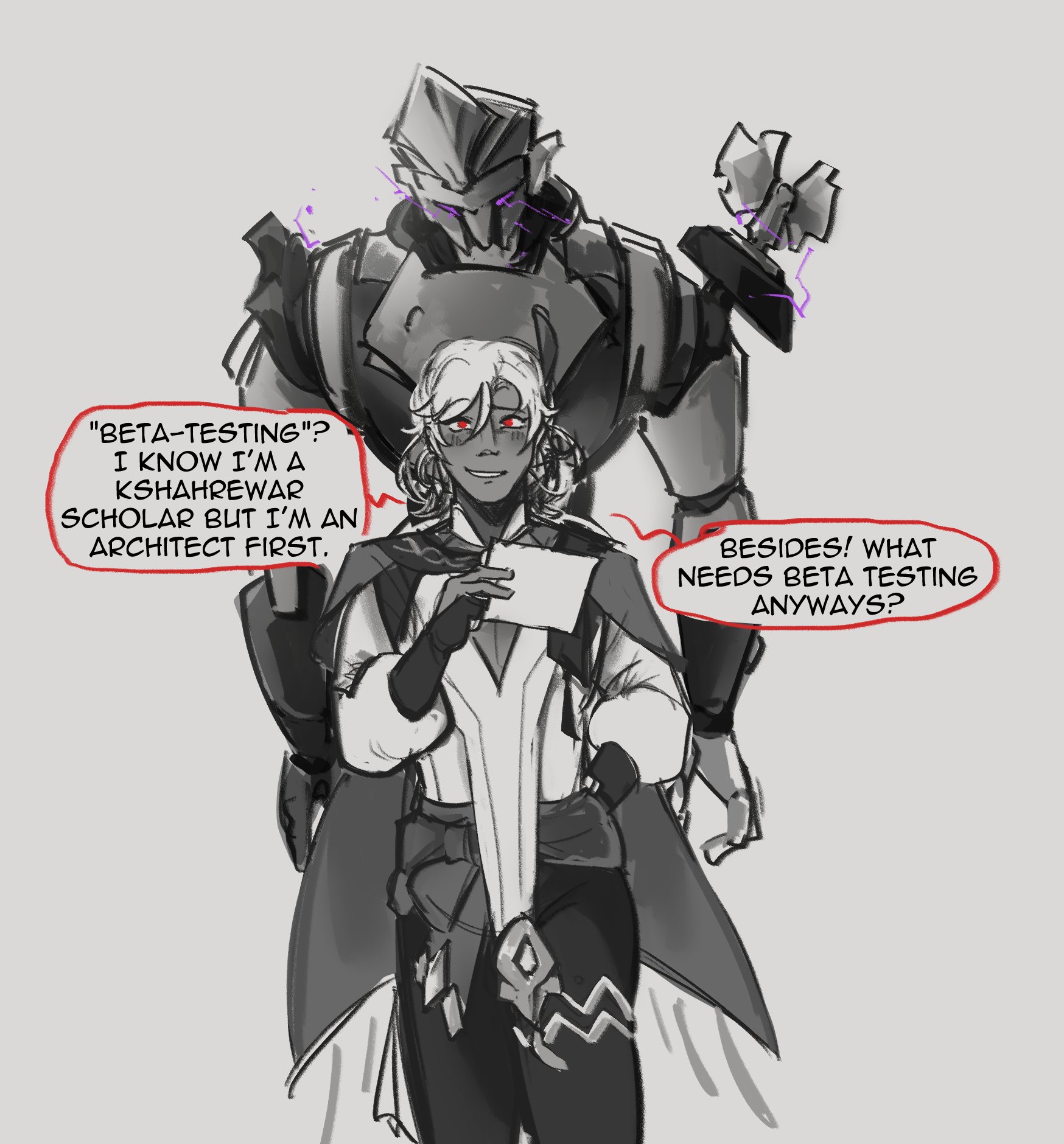 an illustration of a kshahrewar in a white suit and cape, with his arms crossed in front of him, standing next to a giant robot. the kshahrewar is saying, "betatesting? i know i'm a kshahrewar scholar, but i'm an architect first." the robot is saying, "besides, what needs beta testing anyways?". the drawing is a comicstyle illustration of a fantasy world, featuring a robot and a kshahrewar.