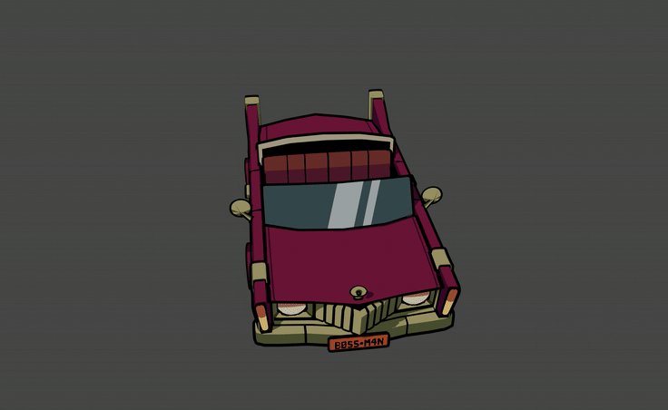 a cartoon drawing of a vintage car with a  "bossman" license plate. the car is maroon with gold accents, and has a lowpoly, simplistic art style. the background is a plain grey.