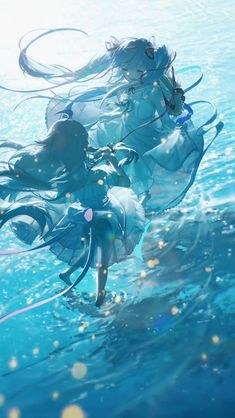 an anime illustration of two females with long, flowing white hair, wearing white dresses, wading in crystal clear ocean water. the sunlight shines through the water, creating a bright and ethereal atmosphere.