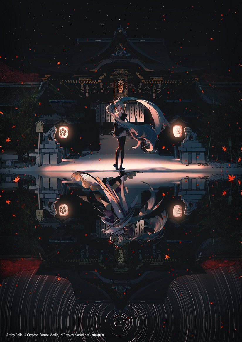 the image is a digital illustration featuring an anime girl, who appears to be hatsune miku, standing in front of a japanese temple at night. the temple is dimly lit by lanterns, and the girl is reflected in a body of water. the sky is dark with stars, and there are falling leaves in the air. the artwork is credited to rella and crypton future media, inc.